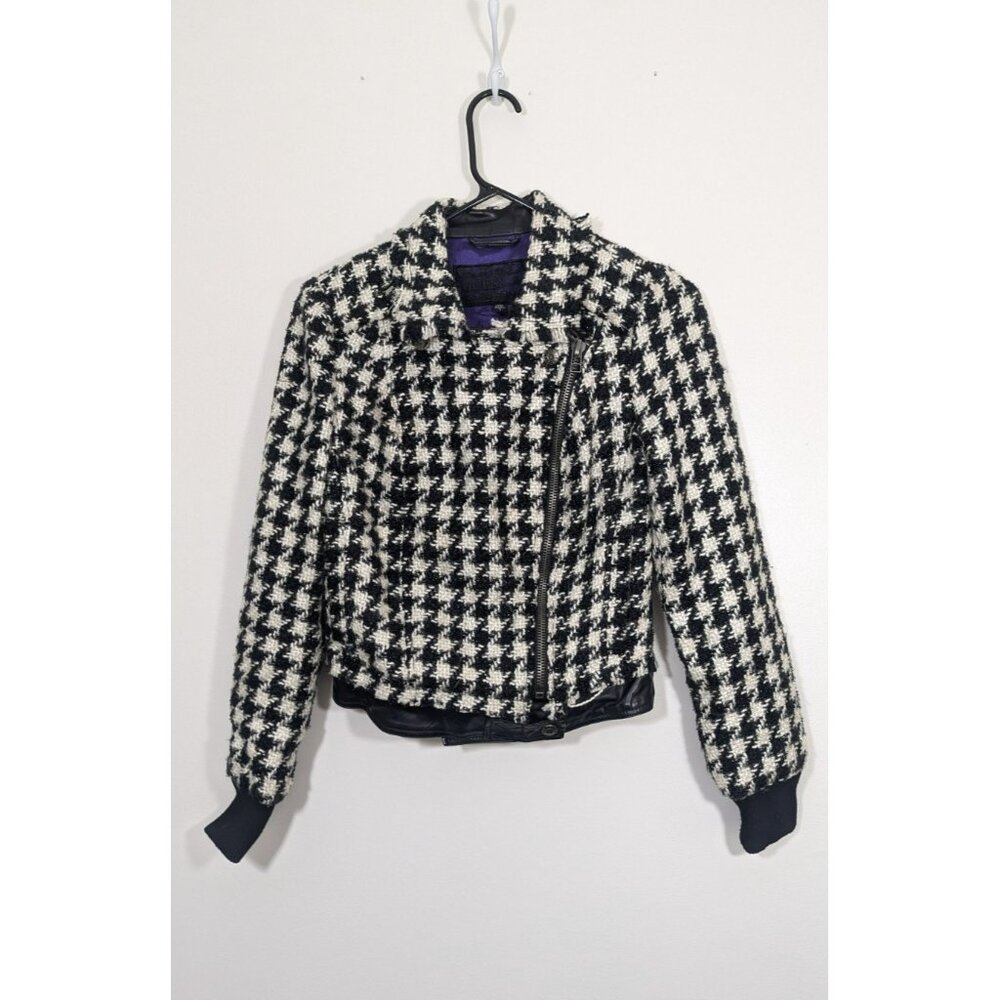 Guess Womens Houndstooth Moto Jacket Size S Black White Zip Up Faux Leather Trim